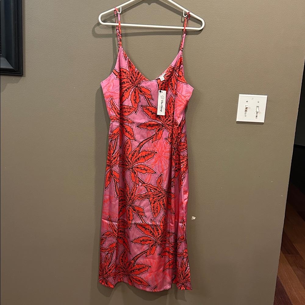 The Drop Womens Red Pink Satin Midi Slip Dress Adjustable Straps V-Neck Sz L NWT